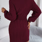 Solid Color Cable Knit Hollow Out Lantern Sleeve Bodycon Sweater Dress
