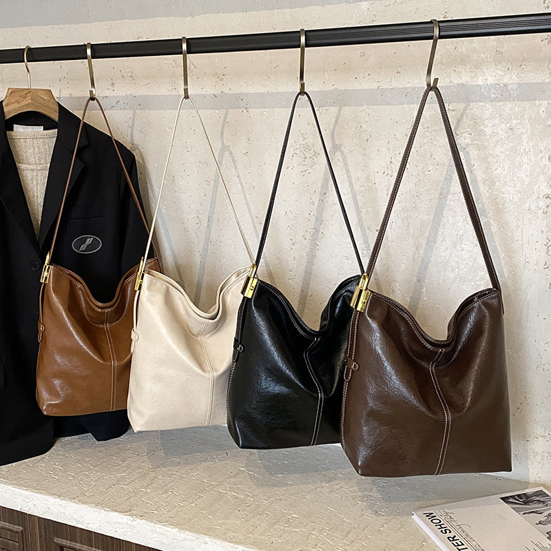 Large-capacity Textured Soft Leather Bag In A Korean-style Single-shoulder Design