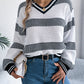 Women V-Neck Color Block Stripe Lantern Sleeve Pullover Sweater