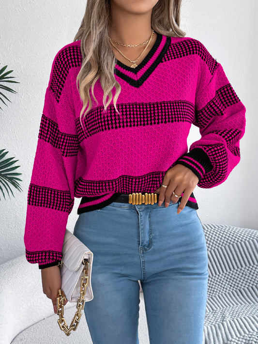 Women V-Neck Color Block Stripe Lantern Sleeve Pullover Sweater