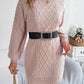 Women Solid Color Cable Knit Cinched Lantern Sleeve Sweater Dress