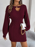 Solid Color Cable Knit Hollow Out Lantern Sleeve Bodycon Sweater Dress