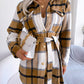 Women's Color-Blocked Plaid Long Sleeve Tie-Waist Thick Tweed Coat