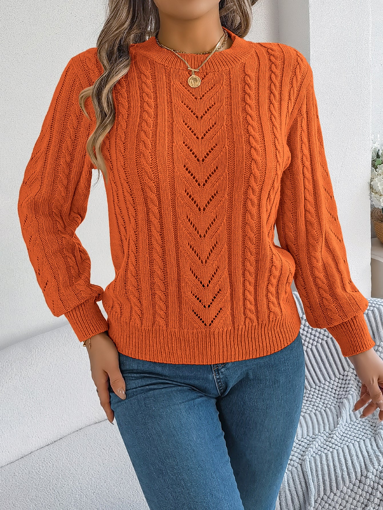 Women Casual Solid Color Hollow Out Lantern Sleeve Pullover Sweater