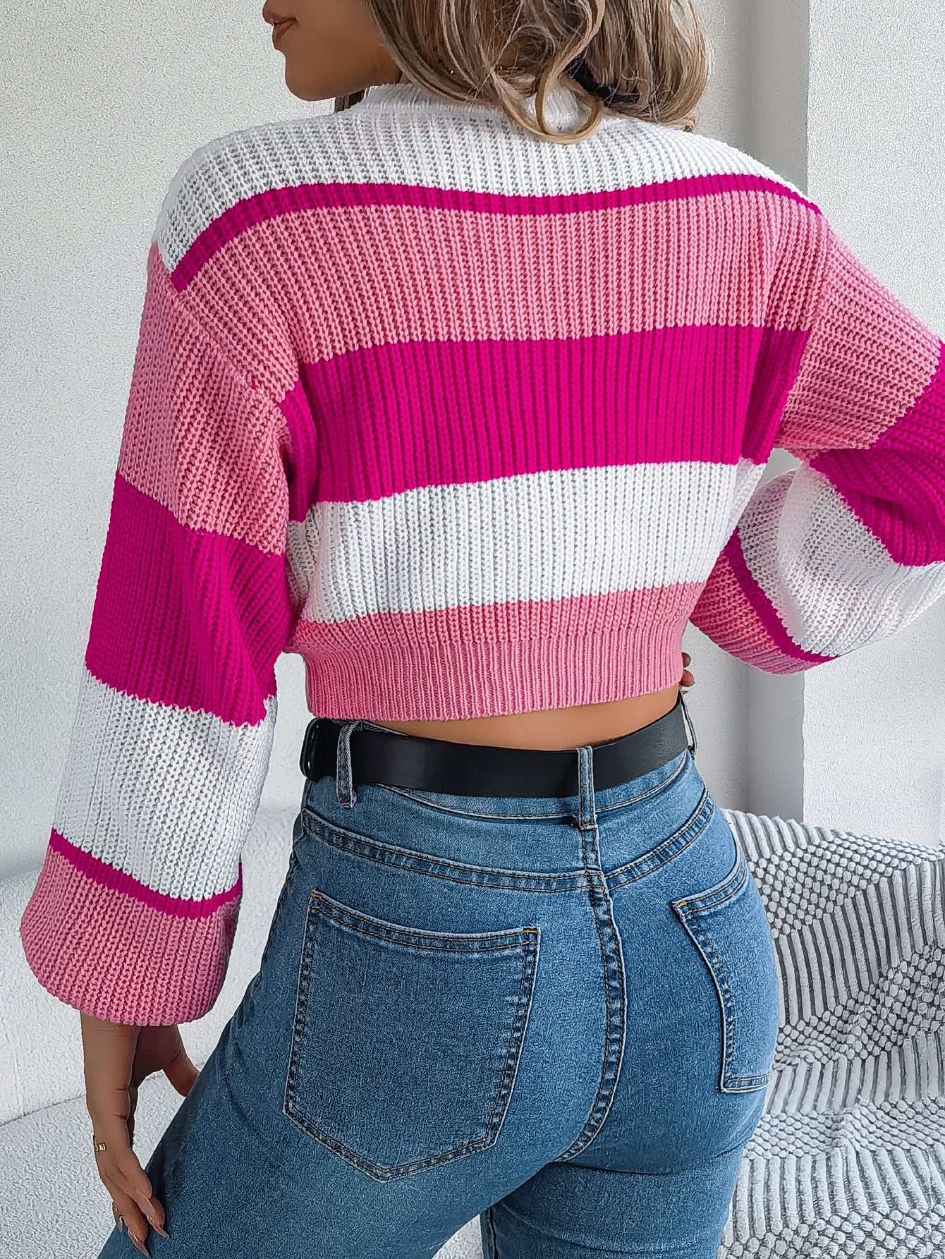 Women Casual Color Block Lantern Sleeve Cropped Pullover Sweater