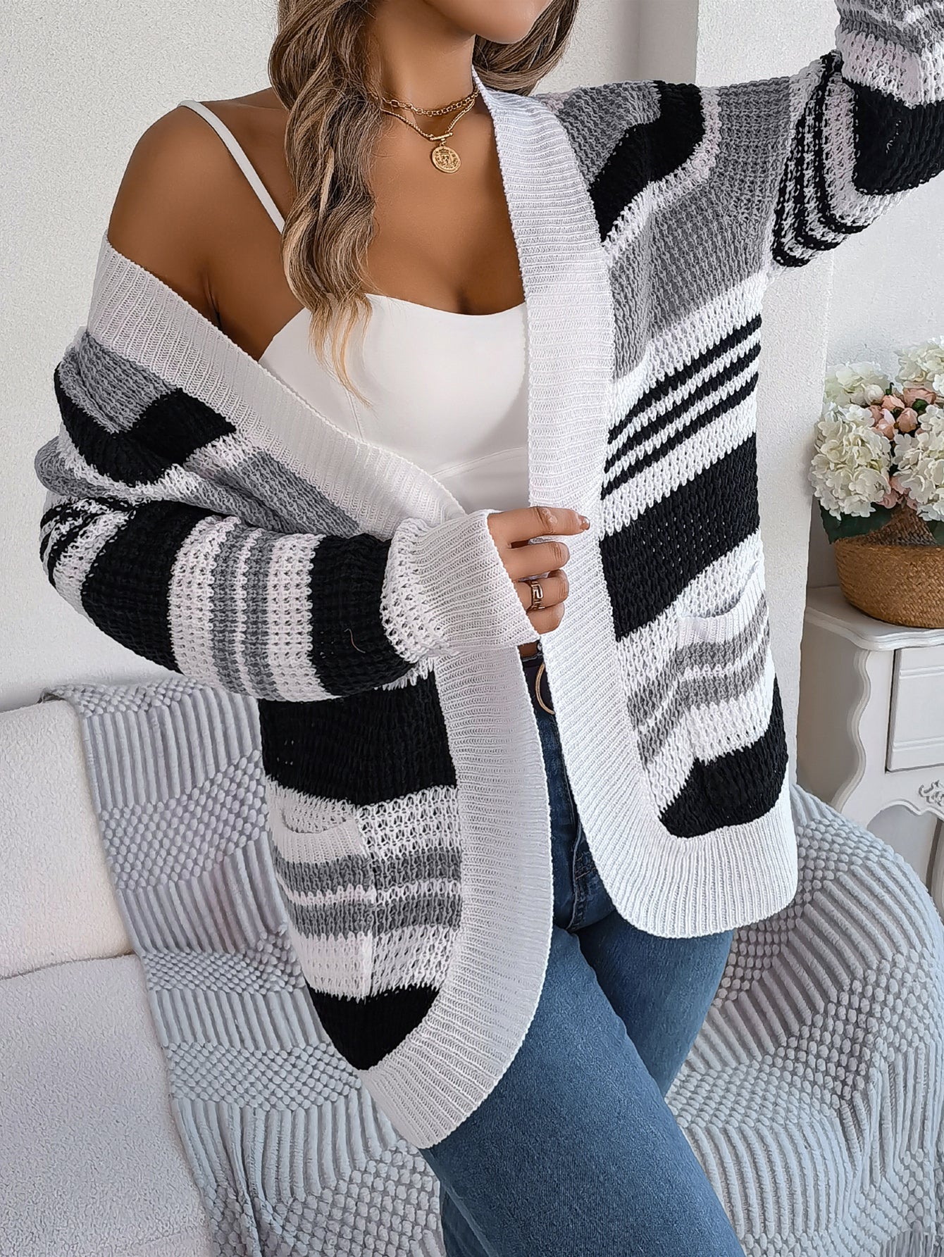 Women Casual Color Block Stripe Pocket Long Sleeve Cardigan Sweater