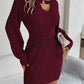 Solid Color Cable Knit Hollow Out Lantern Sleeve Bodycon Sweater Dress