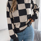 Women's High Neck Color-Blocked Plaid Lantern Sleeve Sweater