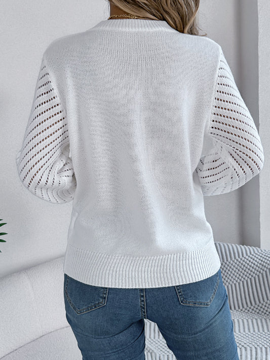 Women Casual Solid Color Crew Neck Hollow Out Lantern Sleeve Sweater