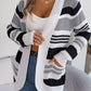 Women Casual Color Block Stripe Pocket Long Sleeve Cardigan Sweater