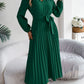 Women's Elegant V-Neck Button Tie-Waist Flared Pleated Maxi Dress