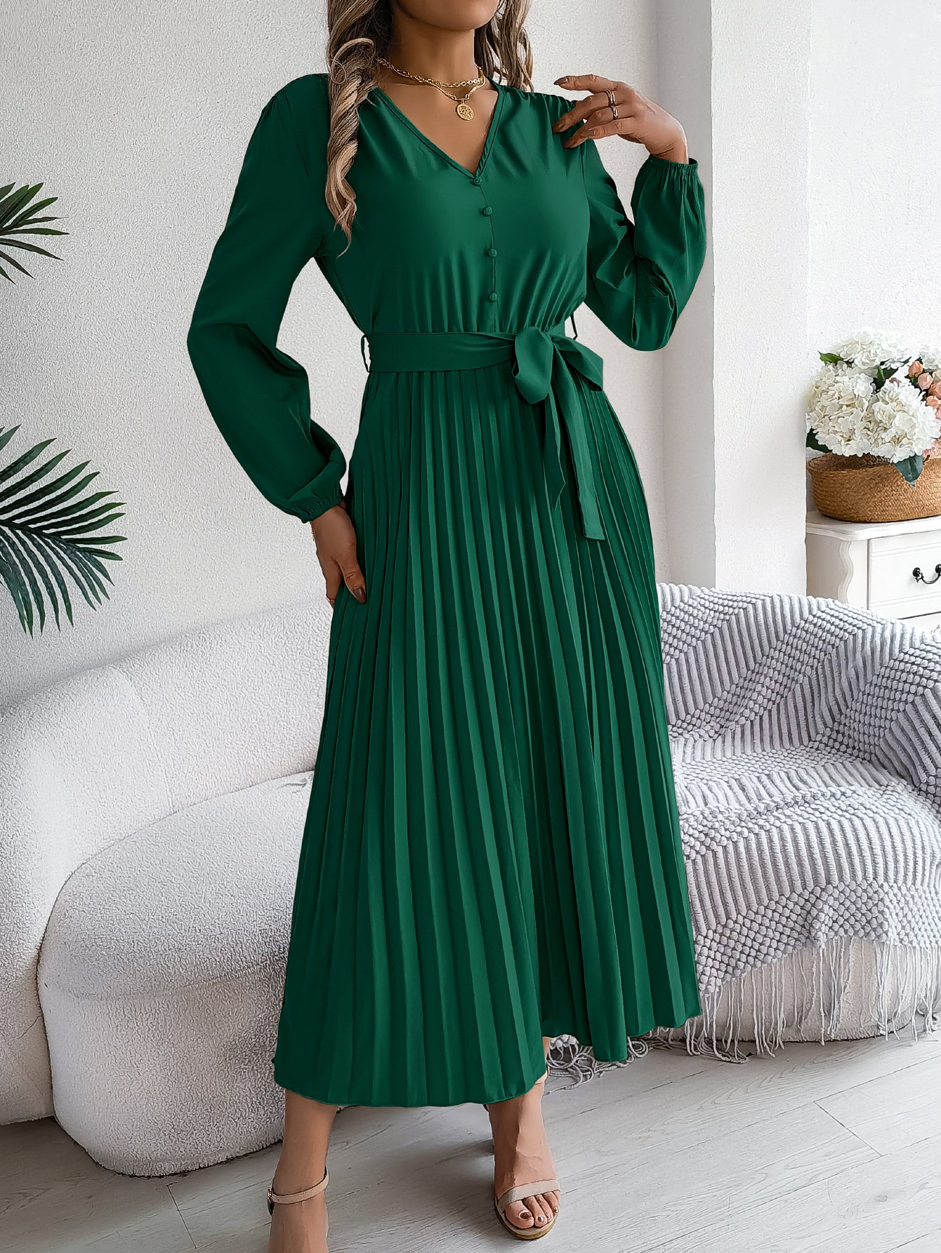 Women's Elegant V-Neck Button Tie-Waist Flared Pleated Maxi Dress