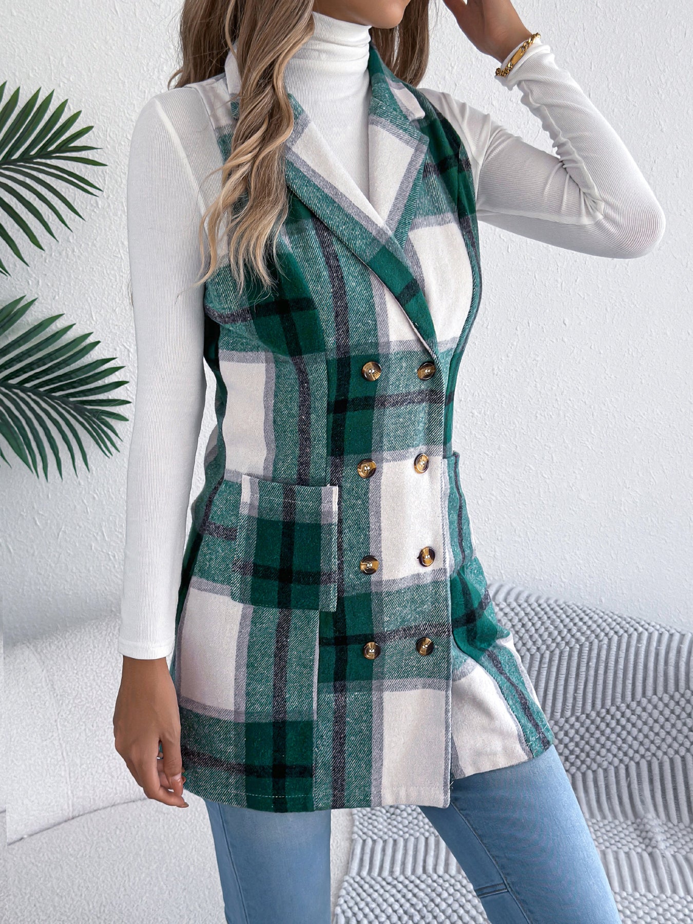 Women's Plaid Double-Breasted Pocket Tweed Long Vest