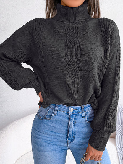 Women Turtleneck Cable Knit Lantern Sleeve Sweater Top