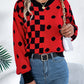 Women Casual Color Block Polka Dot Plaid Lantern Sleeve Pullover Sweater