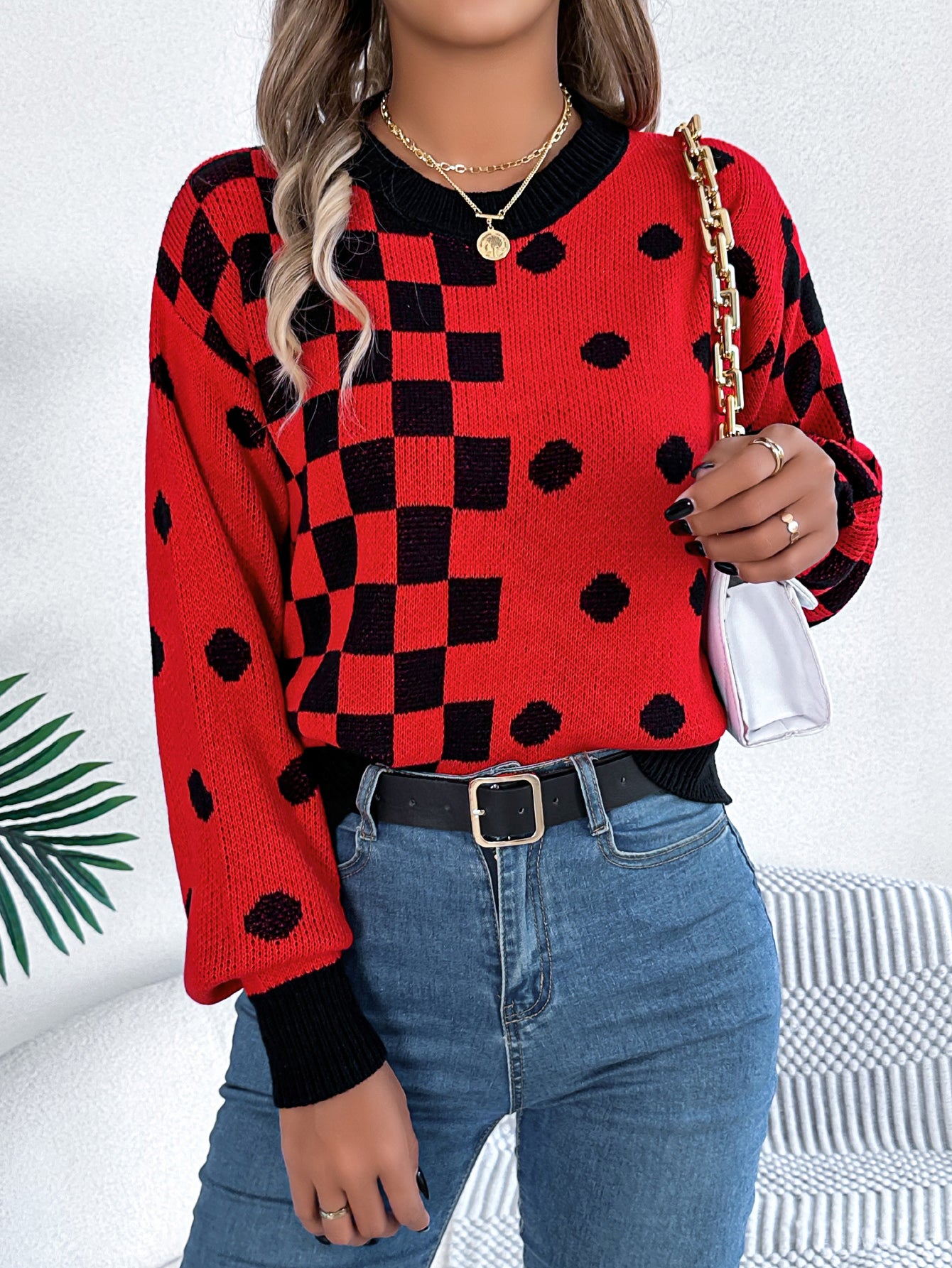 Women Casual Color Block Polka Dot Plaid Lantern Sleeve Pullover Sweater