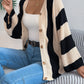 Women Color Block Stripe Bell Sleeve Long Sleeve Cardigan Sweater Coat
