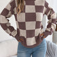 Women's High Neck Color-Blocked Plaid Lantern Sleeve Sweater
