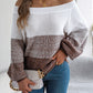 Women Casual Color Block Off-Shoulder Lantern Sleeve Pullover Sweater
