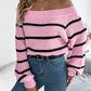Casual Striped Off-Shoulder Lantern Sleeve Pullover Sweater