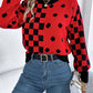 Women Casual Color Block Polka Dot Plaid Lantern Sleeve Pullover Sweater