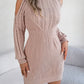 Women Casual Off-Shoulder Half Turtleneck Cable Knit Lantern Sleeve Bodycon Sweater Dress