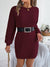 Women Solid Color Cable Knit Cinched Lantern Sleeve Sweater Dress