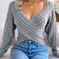 Women Sexy Cross V-Neck Cable Knit Long Sleeve Cropped Sweater
