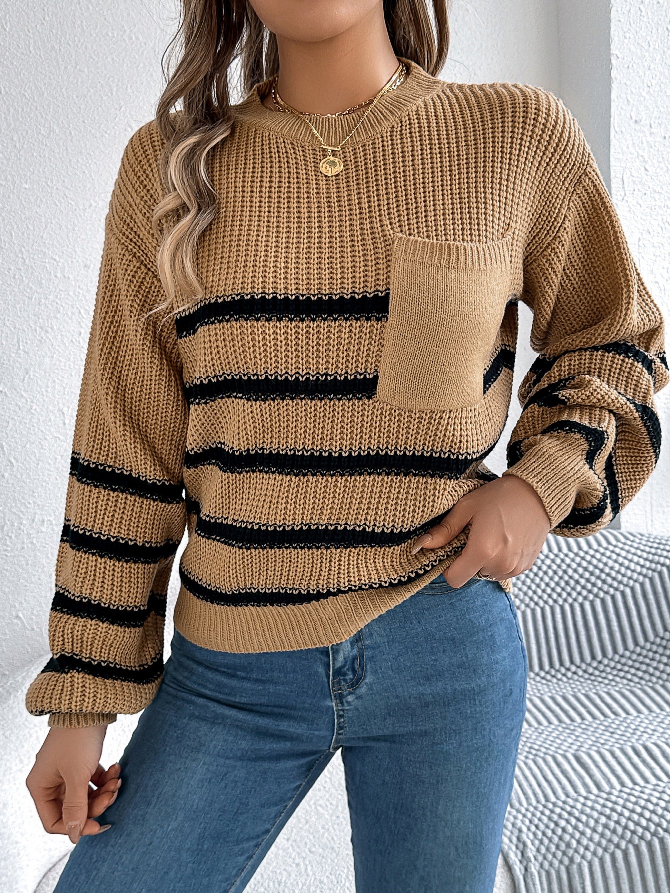 Women Casual Color Block Stripe Lantern Sleeve Pullover Sweater