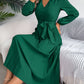 Women's Elegant V-Neck Button Tie-Waist Flared Pleated Maxi Dress