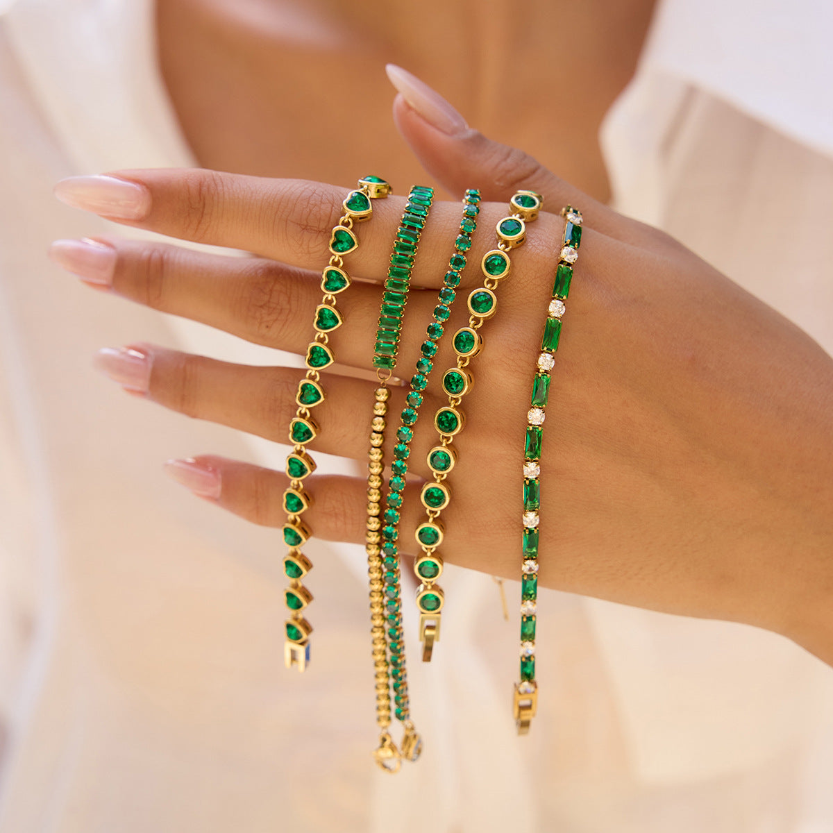 Champagne Gold Light-Luxury Jewelry Green Heart Bracelet