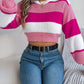 Women Casual Color Block Lantern Sleeve Cropped Pullover Sweater