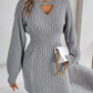 Solid Color Cable Knit Hollow Out Lantern Sleeve Bodycon Sweater Dress