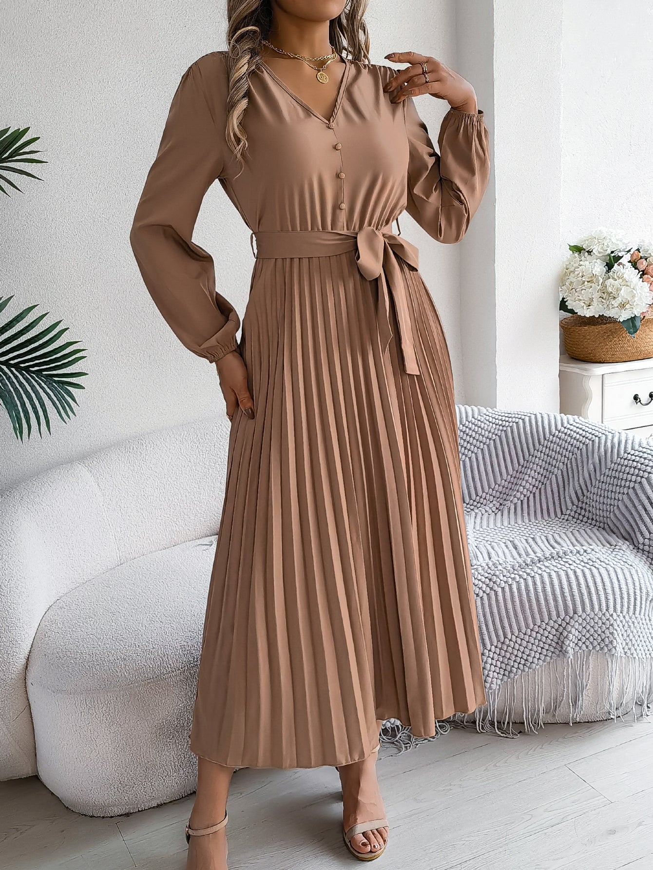 Women's Elegant V-Neck Button Tie-Waist Flared Pleated Maxi Dress