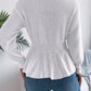 Women Solid Color Cable Knit Cinched Waist Ruffled Long Sleeve Pullover Sweater