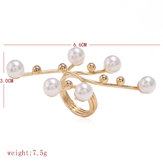 Oversized Geometric Pearl Ring Gold-Tone Alloy Index Finger Band European American Fashion Trendy Jewelry