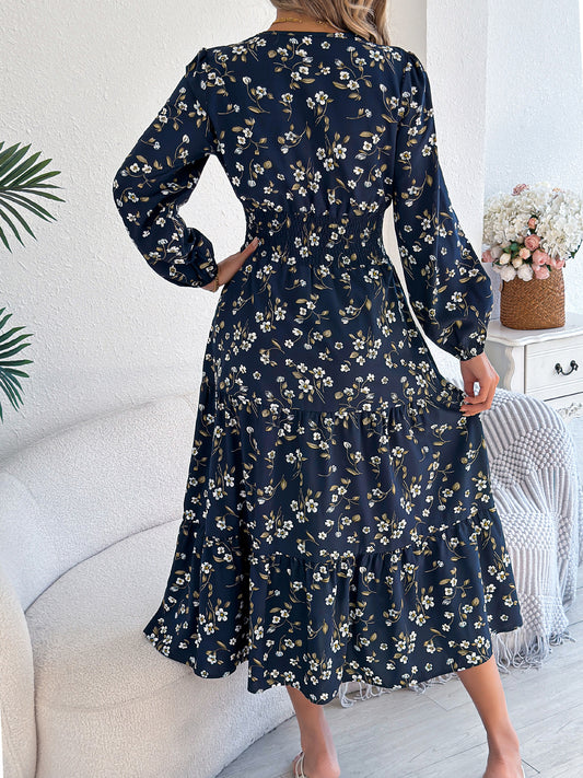 Women's Elegant Floral V-Neck Long Sleeve Waist-Defined Hem Ruffle A-Line Dress