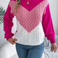 Women Casual Color Block Cable Knit Lantern Sleeve Pullover Sweater