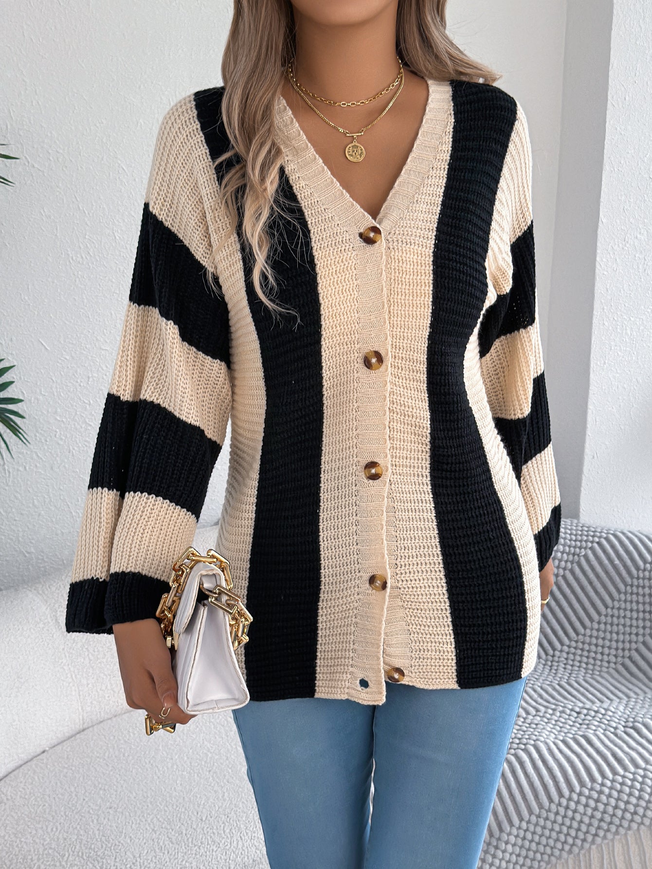 Women Color Block Stripe Bell Sleeve Long Sleeve Cardigan Sweater Coat