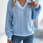 Color Block V-Neck Cable Knit Lantern Sleeve Sweater