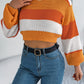 Women Casual Color Block Lantern Sleeve Cropped Pullover Sweater