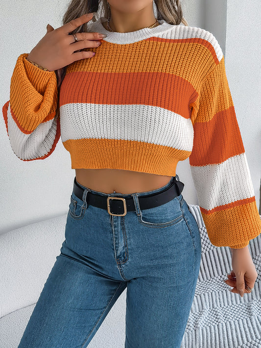 Women Casual Color Block Lantern Sleeve Cropped Pullover Sweater