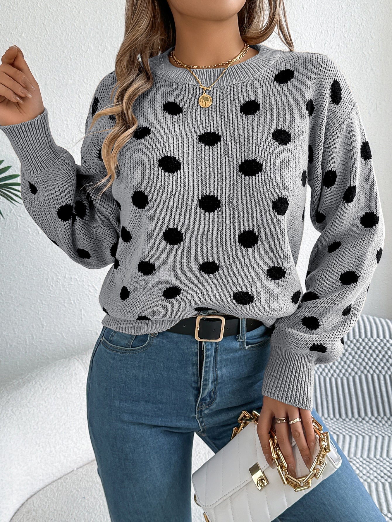 Casual Color Block Polka Dot Long Sleeve Pullover Sweater