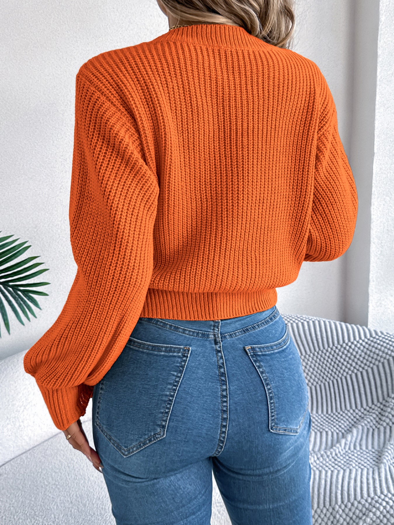 Solid Color Cable Knit Lantern Sleeve Cinched Pullover Sweater