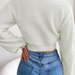 Women Fashion Bow V-Neck Lantern Sleeve Cropped Sweater