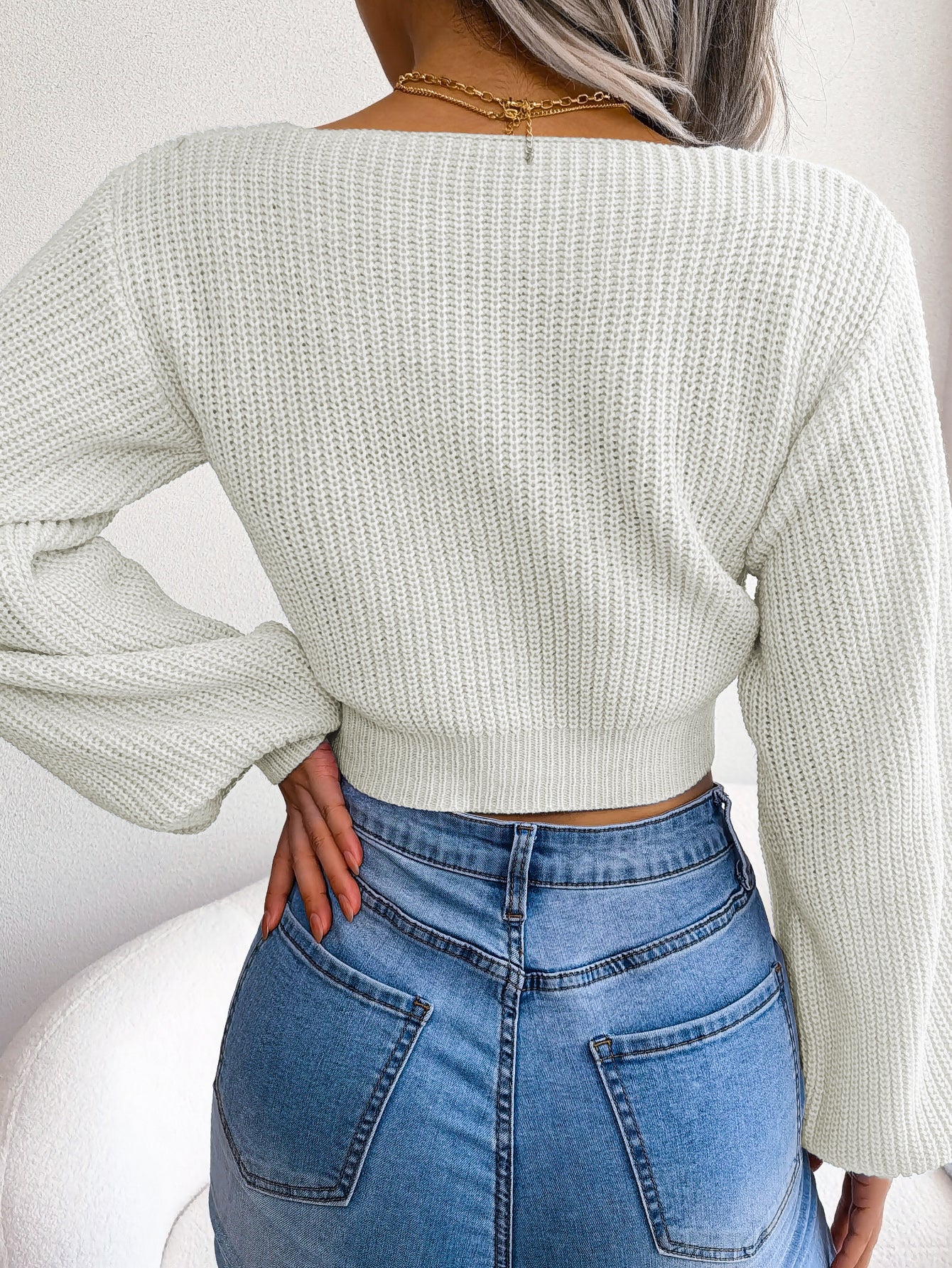 Women Fashion Bow V-Neck Lantern Sleeve Cropped Sweater