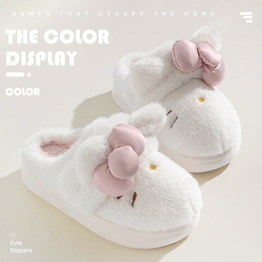 Instagram-Style Fluffy Cotton Slippers With A Cat And Bow Design For Cozy Warmth