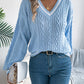 Color Block V-Neck Cable Knit Lantern Sleeve Sweater