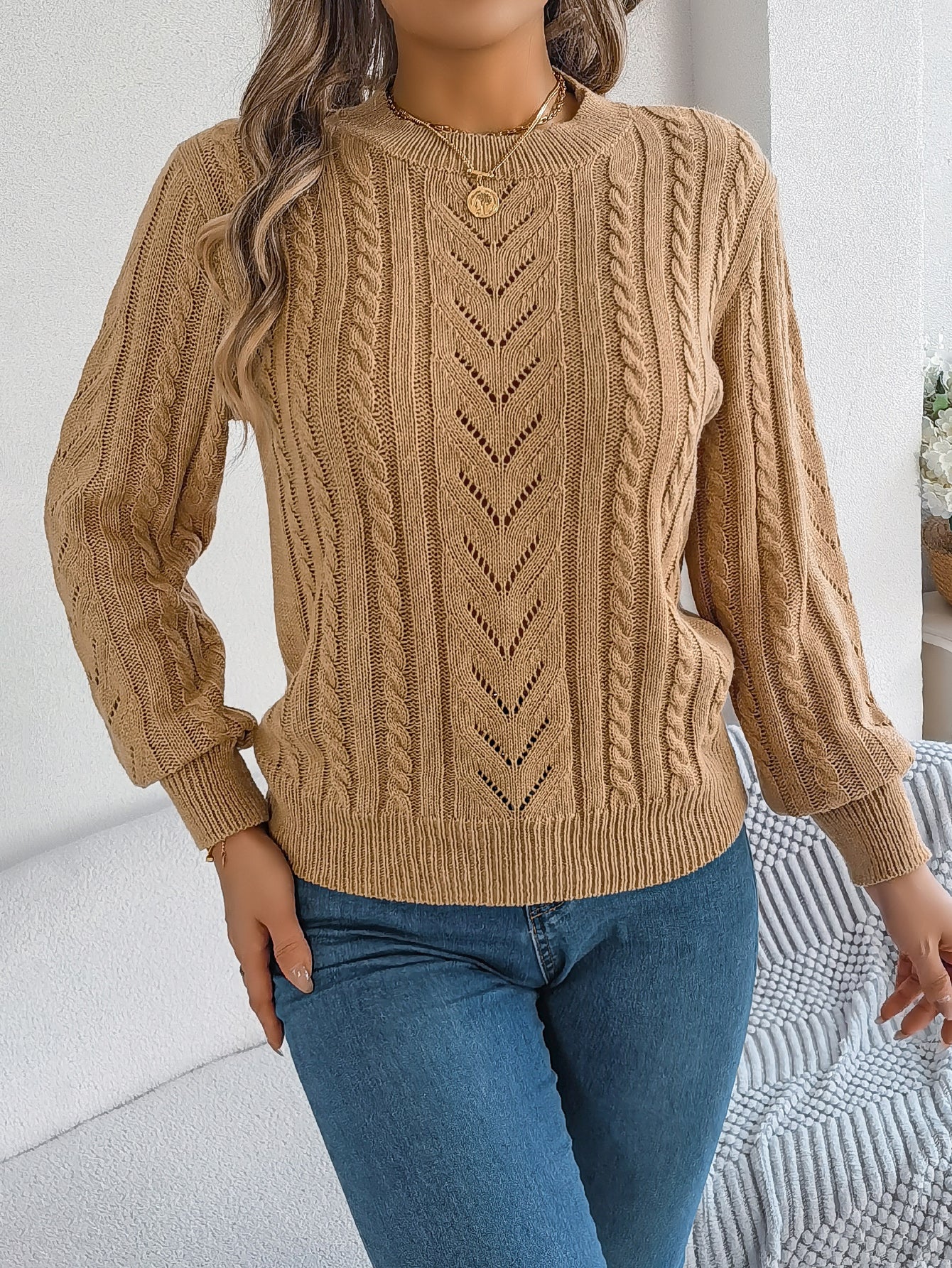 Women Casual Solid Color Hollow Out Lantern Sleeve Pullover Sweater