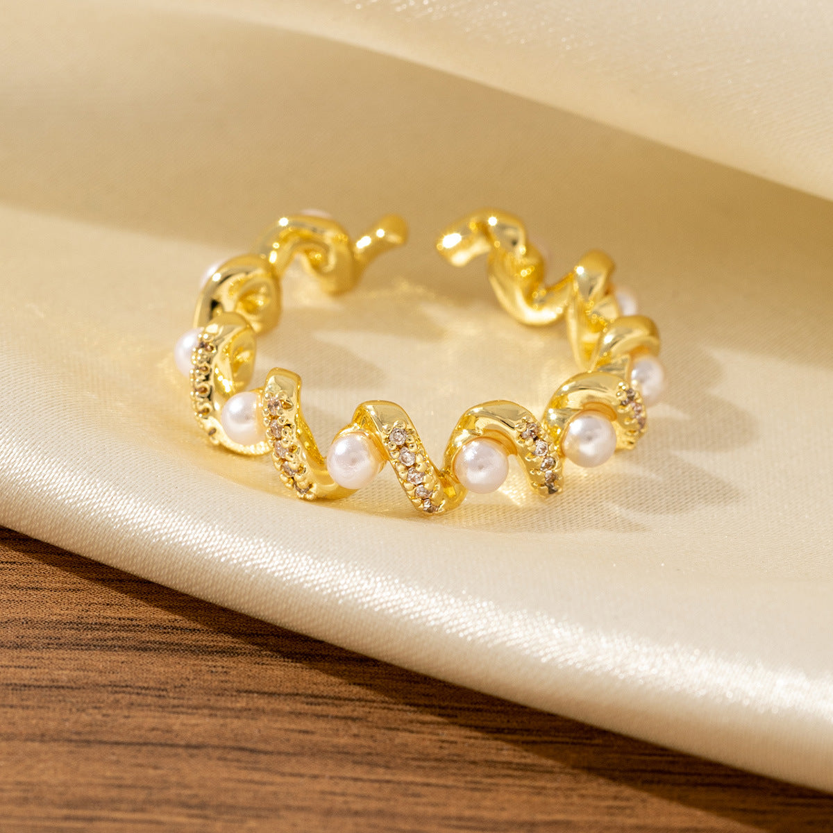 Pearl Wave Ring With Micro-paved Zirconia